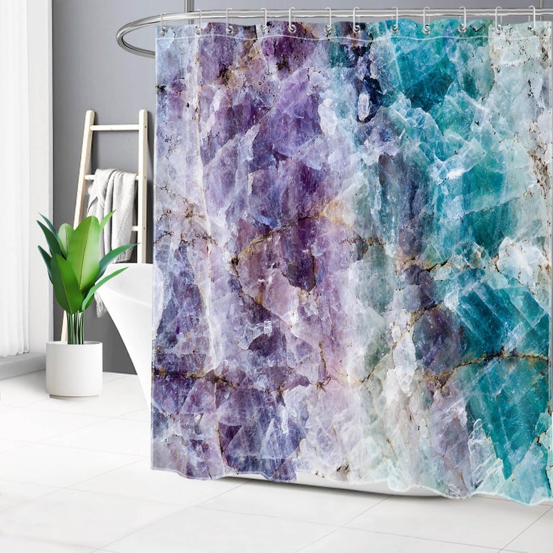 LB Marble Shower Curtain Purple and Teal Bathroom Shower Curtain Sets with Hooks Abstract Healing Crystals Geometric Decorative Waterproof Fabric Bath Curatin,72x72 Inch - Image 4